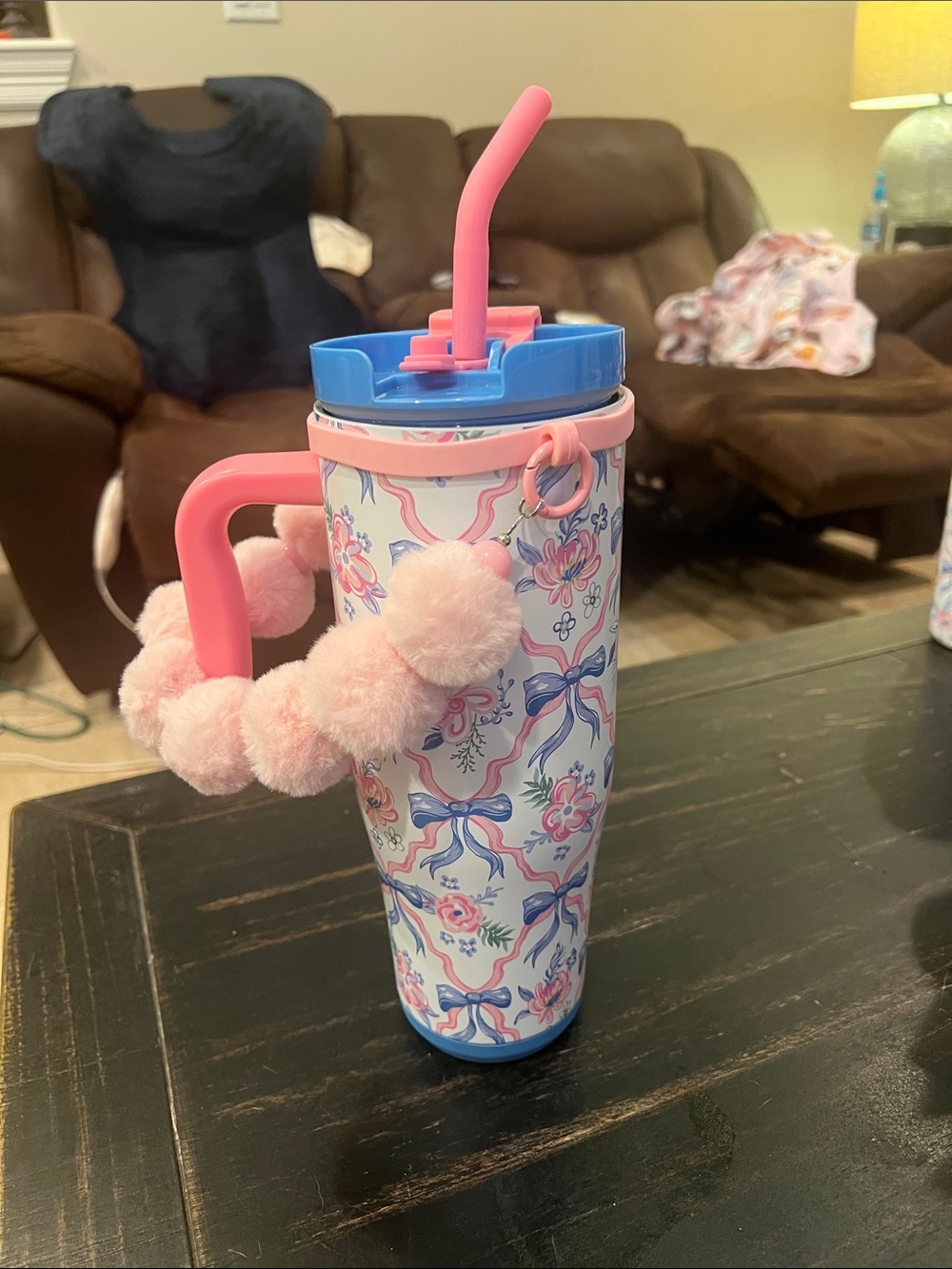 Simply Belle Pink & Blue Floral Insulated Tumbler with Pom Handle